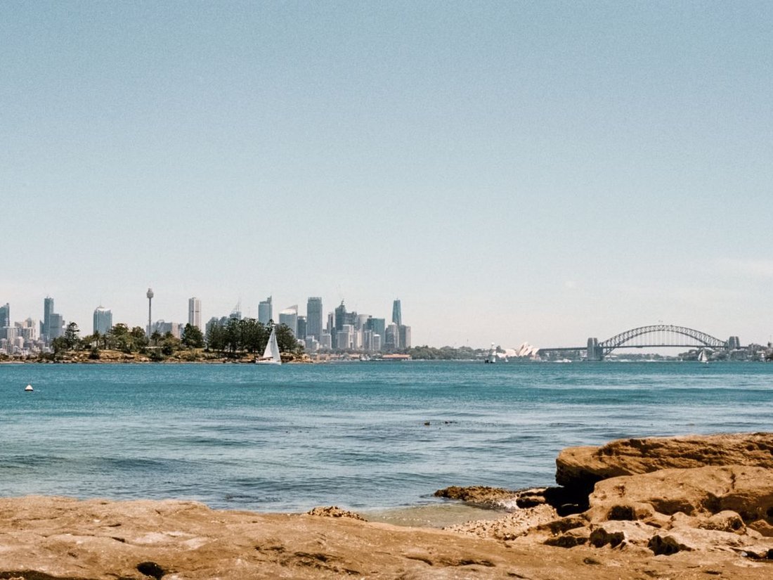 Sydney Harbour and city skyline viewed from Rushcutters Bay foreshore