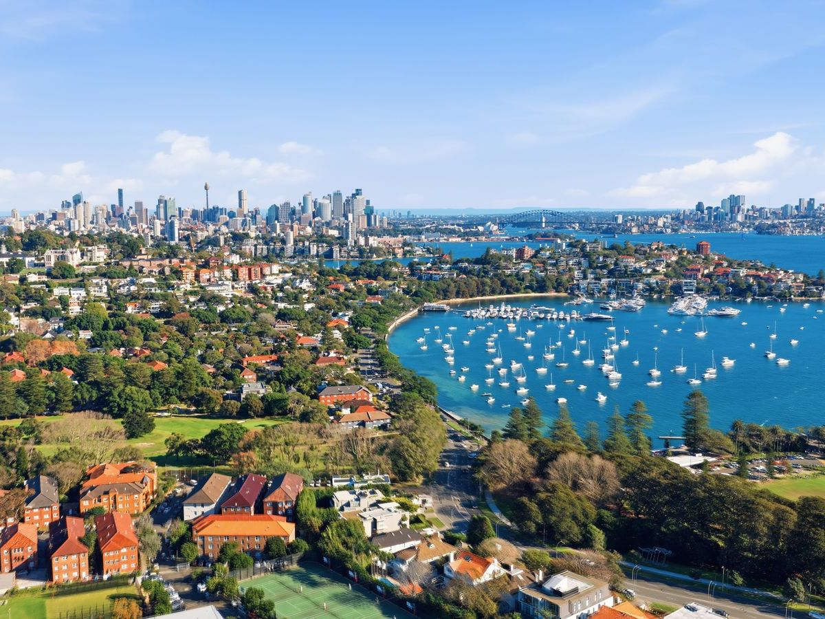 Aerial view of Rose Bay and the Sydney skyline