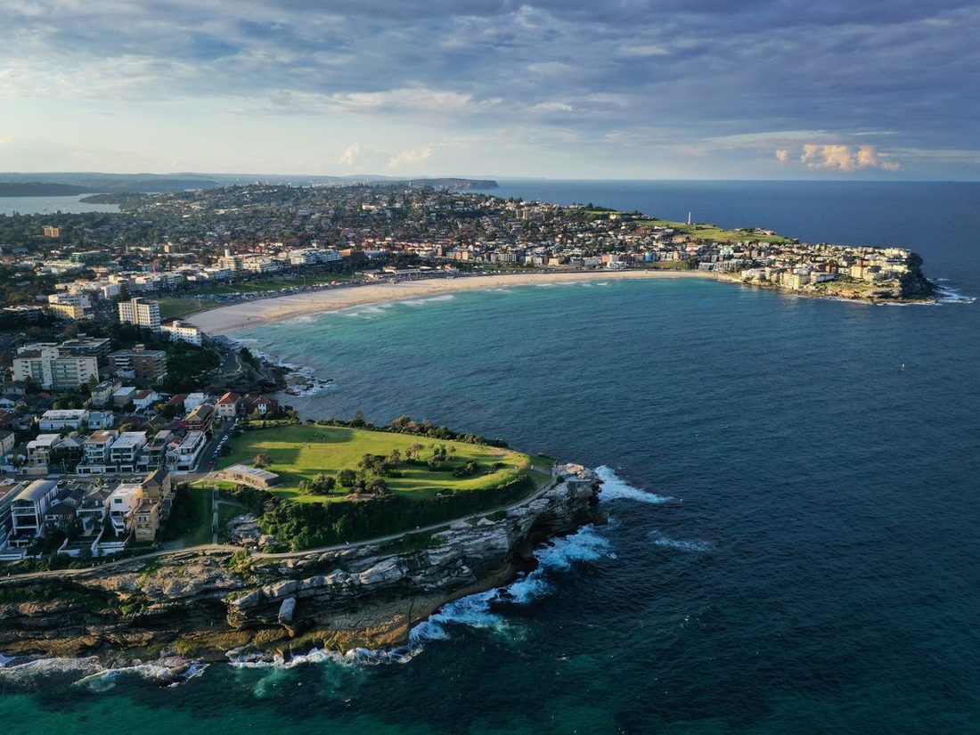 Aerial view of Tamarama Beach and Waverley coastline, Sydney