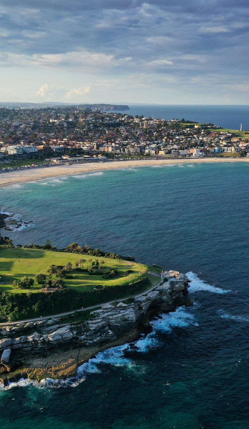 Bondi Beach, the headland and the surrounding streets seen from the air