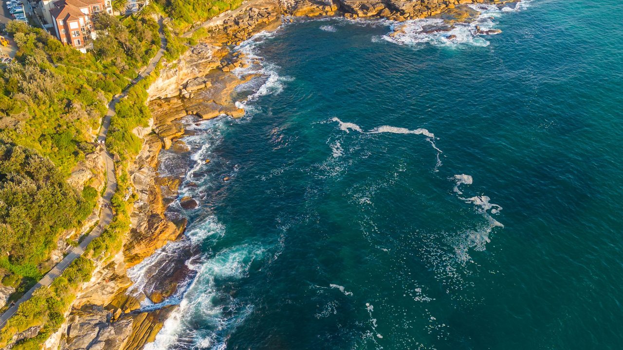 The coastal walk and ocean at South Bondi from above