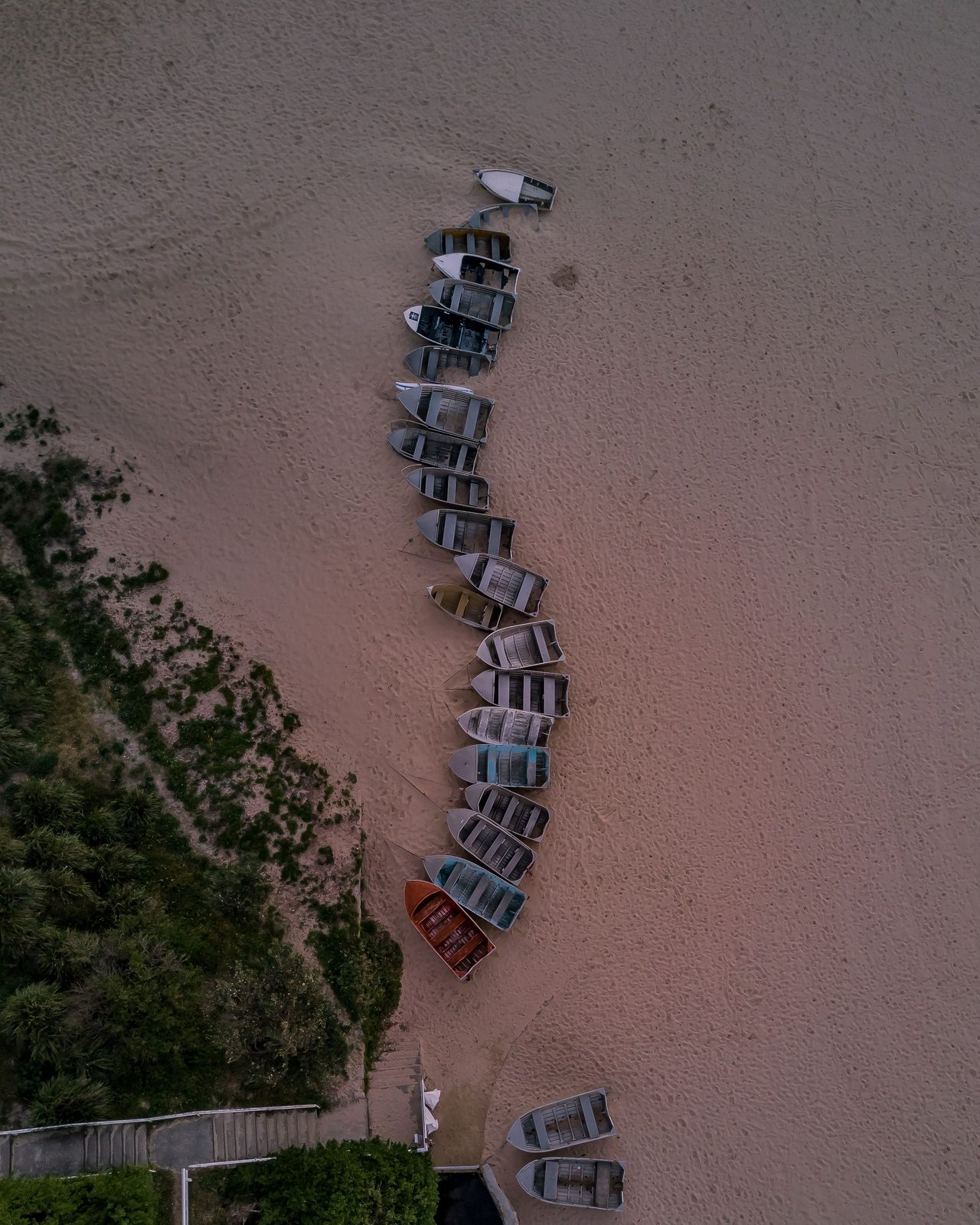 Row boats lined up on the sand at Coogee, seen from above
