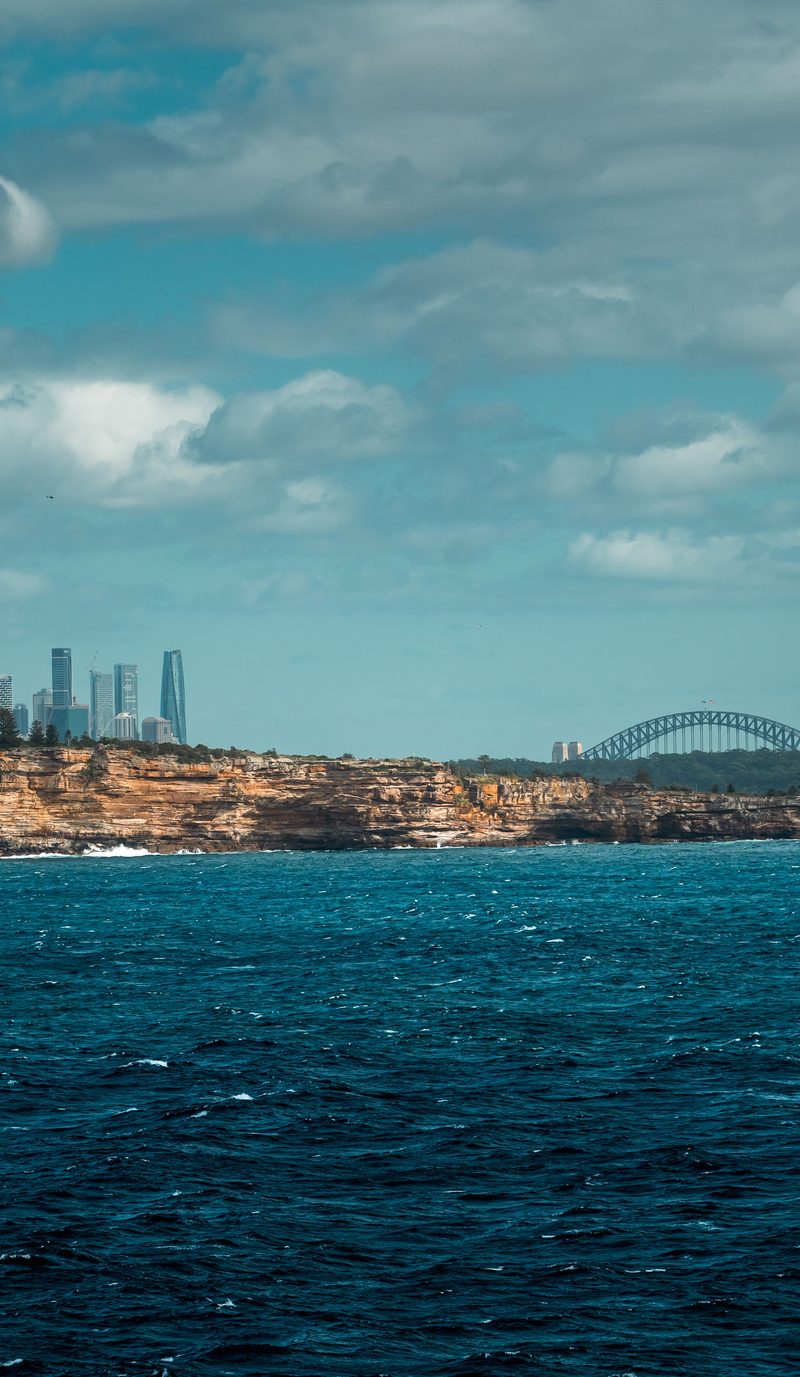 Sydney's sandstone cliffs at Dover Heights with city skyline